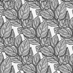 Seamless pattern engraved tree branches. Vintage background summer twigs in hand drawn style.