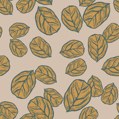 Seamless pattern engraved tree leaves. Vintage background botanical with foliage in hand drawn style.
