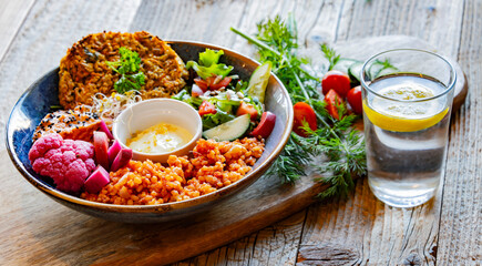 Vegan plate with millet cutlet, bulgur groats and vegetables