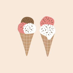 Vanilla chocolate and strawberry ice cream in a waffle cone hand drawn vector illustration. Isolated sweets for kids in flat style. 