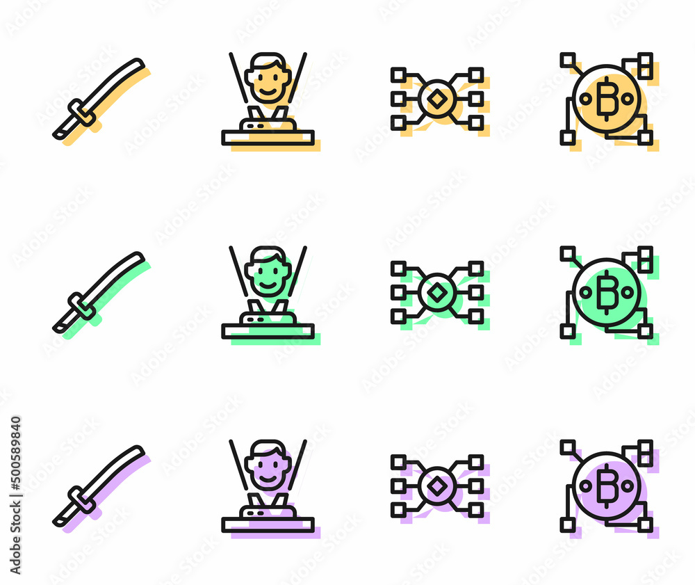 Poster set line neural network, katana, hologram and blockchain technology bitcoin icon. vector