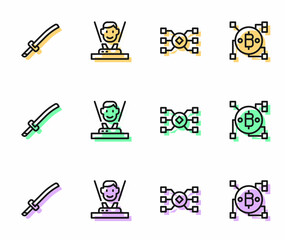 Set line Neural network, Katana, Hologram and Blockchain technology Bitcoin icon. Vector