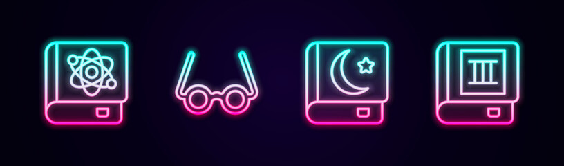 Set line Book about physics, Glasses, Holy book of Koran and . Glowing neon icon. Vector