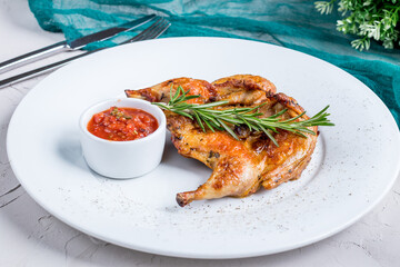 fried chicken tobacco with rosemary and tomato sauce on a white plate