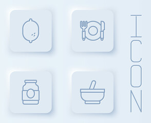 Set line Lemon, Plate, fork and knife, Jam jar and Mortar pestle. White square button. Vector