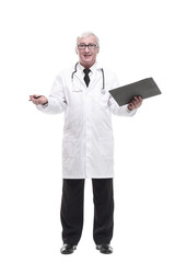 qualified mature doctor with clipboard. isolated on a white