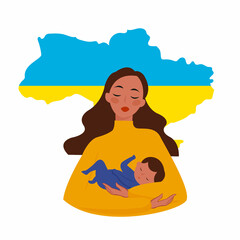 Ukrainian girl with baby. Stop War in Ukraine. Ukraine War Poster. Vector Illustration.