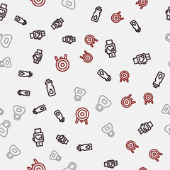 Set line Fitness shaker, Smart watch with heart, Weight and Target sport on seamless pattern. Vector