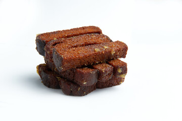 Fried rye croutons. On a white background.