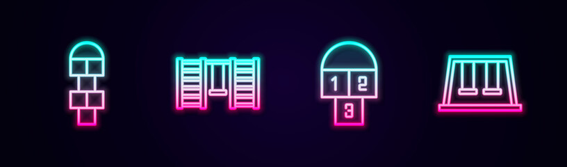 Set line Hopscotch, Swedish wall, and Swings for kids. Glowing neon icon. Vector