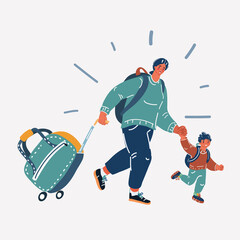 Vector illustration of Family of refugee, woman and mother with kid run