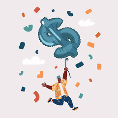 Vector illustration of Happy man black man fly holding dollar sign inflates balloon in a shape. Finance concept.