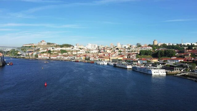 The Luis I Bridge in the historic city center of the city of Porto , Europe, Portugal, North, in summer on a sunny day.