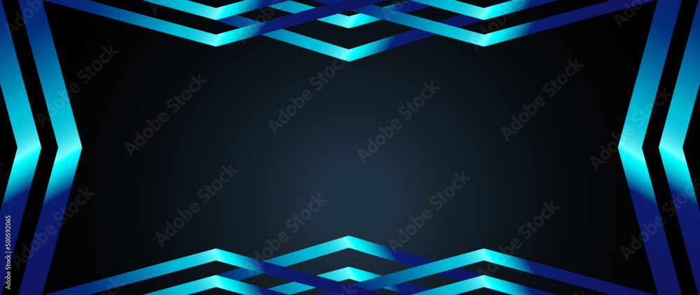 Poster Abstract overlap layers background with blue light line decoration. Premium vector template design with blank black and blue geometric triangle frame for gift certificate, invite card, banner.