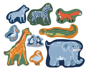 Vector illustration of nimals set. Wolf, zebra, fox, pelican, crocodile, swan, penguin, elephant over dark backround