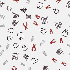 Set line Tooth, Dental floss, Tube of toothpaste and pliers on seamless pattern. Vector