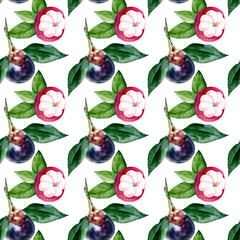 Fresh ripe whole and sliced â€‹â€‹mangosteen with leaves. Watercolor seamless pattern