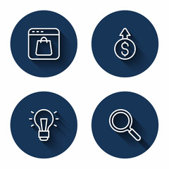 Set line Online shopping on screen, Financial growth dollar, Light bulb and Magnifying glass with long shadow. Blue circle button. Vector