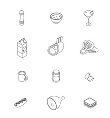 Food set - vegetables, greens, dairy, meat, fruit, fish, drink, meal, dish. Isometric vector illustration in flat design. Outline, linear style, line art. Meal preparation.