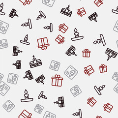 Set line Church building, Burning candle, Christmas postcard and Gift box on seamless pattern. Vector