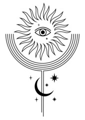 Composition in celestial style. Sun, moon and stars in monochrome color.	