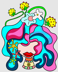 cartoon female head with red lips with hair covering her eyes