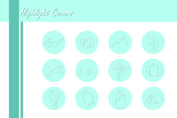 Set of vector icons for highlight covers for travel blog on green background
