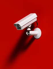 Outdoor video surveillance camera on the red wall of the building. Video security system. 3d render
