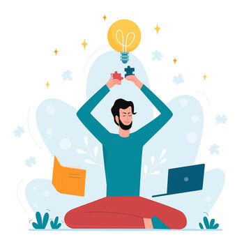 Boy in lotus position keeping calm and finding right solution. Meditation pose for new creative idea flat vector illustration