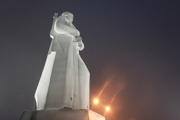 View of Monument to the Defenders of the Arctic on winter night. Murmansk, Russia.