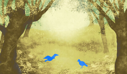 くすんだイエローセピアの色調の神秘的な森に青い鳥二羽・和紙テクスチャの背景イラスト