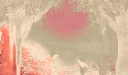 光差す神秘的な森に鳥二羽・和紙テクスチャの背景イラストソフトセピア系