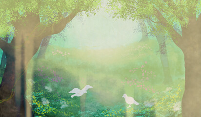 光差す神秘的な森に白い鳥二羽・和紙テクスチャの背景イラスト