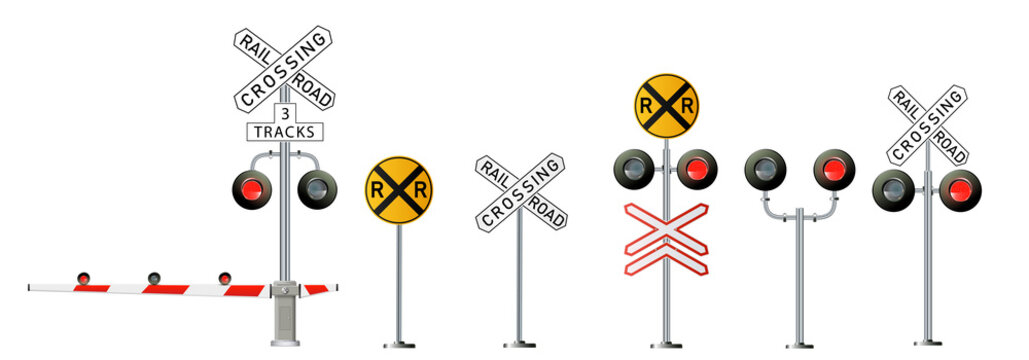 Road signs and railroad crossing barriers are used in the United States.traffic light, Railway barriers close isolated on white background, design concept for start up, business solutions,
