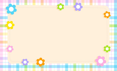 Cute Ornament Element Rainbow Pastel Daisy Flower Plaid Gingham Pattern Paper Background Frame Border. Blank Space note Vector Illustration. Editable Stroke.