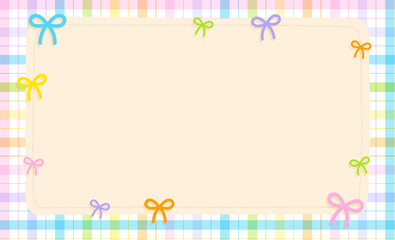 Cute Ornament Element Rainbow Pastel Ribbon Bow Present Gift Box Plaid Gingham Pattern Paper Background Frame Border. Blank Space note Vector Illustration. Editable Stroke.