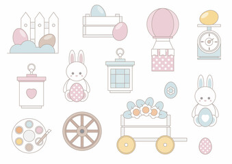 Spring Holiday Decor with cute elements. Cute flat cartoon characters. Perfect for scrapbooking, greeting card, poster, tag, party invitation, sticker set.