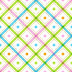 Cute Polkadot Circle Round Dot Geometry Element Rainbow Pastel Diagonal Stripe Striped Line Tilt Checkered Plaid Tartan Buffalo Scott Gingham PatternSquare Background Vector Cartoon Illustration Cloth