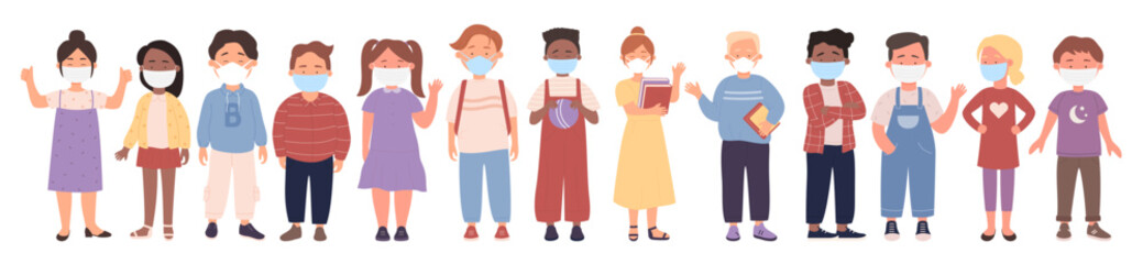 Obraz premium Diverse group of kids students wearing masks set vector illustration. Cartoon cute children pupils of elementary school standing in row, holding books isolated on white. Virus protection concept
