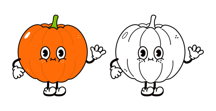 Cute funny pumpkin waving hand character outline cartoon illustration for coloring book. Vector hand drawn traditional cartoon vintage, retro, pumpkin character. Isolated on white background