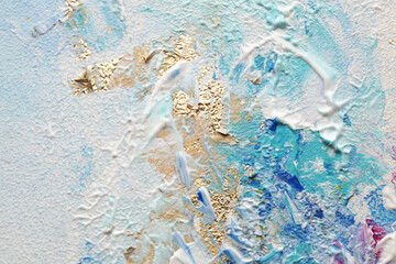 Abstract acrylic and watercolor smear blot painting wall. Blue, gold and white Color horizontal texture background.