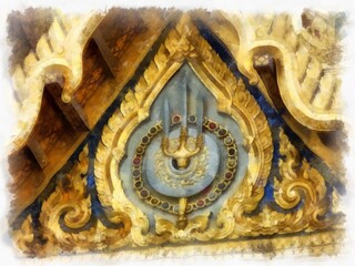 Landscape of the Grand Palace Wat Phra Kaew Bangkok Thailand watercolor style illustration impressionist painting.