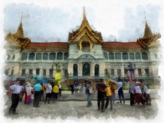 Landscape of the Grand Palace Wat Phra Kaew Bangkok Thailand watercolor style illustration impressionist painting.