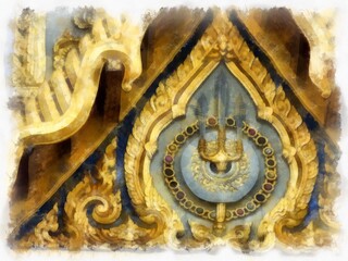 Landscape of the Grand Palace Wat Phra Kaew Bangkok Thailand watercolor style illustration impressionist painting.