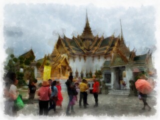 Landscape of the Grand Palace Wat Phra Kaew Bangkok Thailand watercolor style illustration impressionist painting.