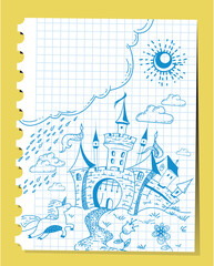 Cute and lovely hand drawn doodle ink landscape with castle, unicorn and flowers on the background of the notebook sheet in vector.