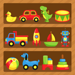 Kid toy shelf. Cartoon funny baby play shop. Vector flat graphic element of kids toys collection