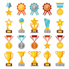 Champion trophy. Winner prize, medal, cup and ribbon. Vector gold and silver sport award set