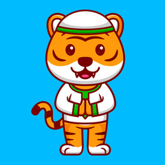 Cute Tiger as a Muslim in Cartoon. Ramadan Vector Illustration. Flat Style Concept.