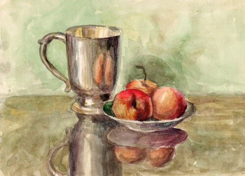 Watercolor vintage still life painting, cupronickel and silver goblet bowl and vase with red apples on a polished wooden table, on a green background
